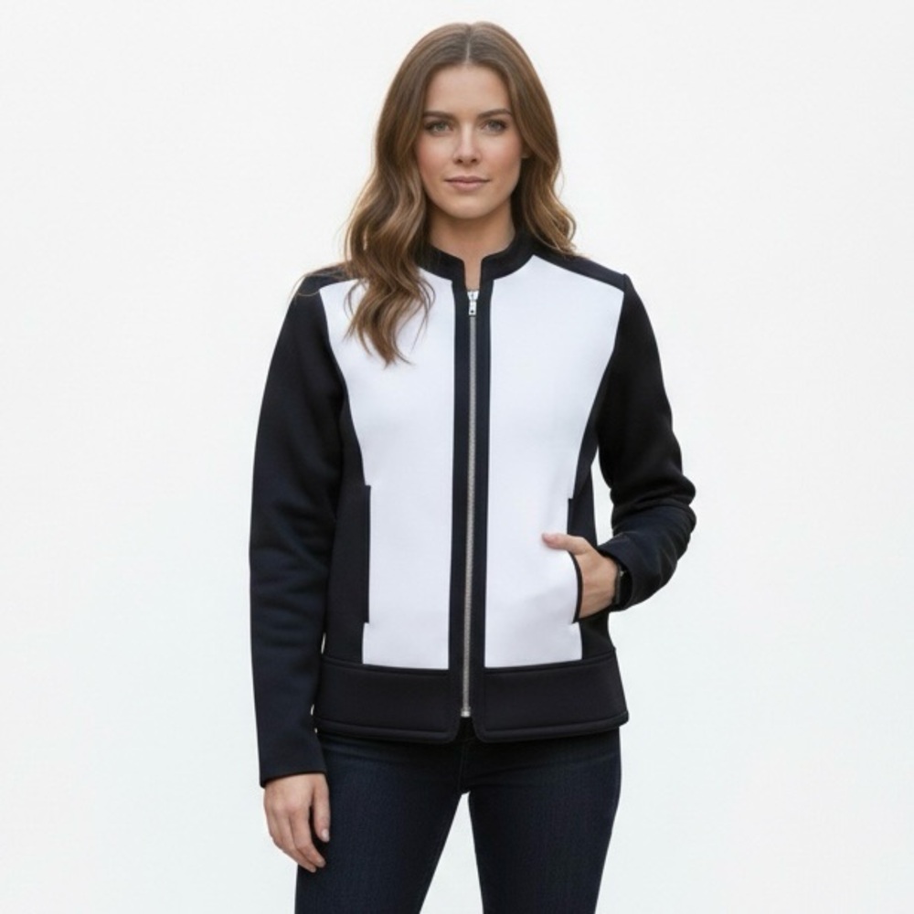 Isaac Mizrahi Live Black White Colorblock Full Zip Blazer Jacket Size 8